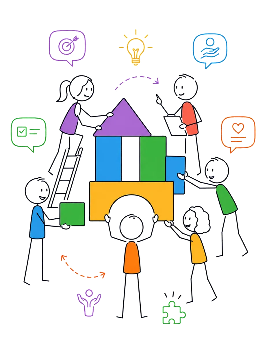 Illustration symbolique d'Elty : créer des espaces où chacun construit ensemble — la posture du coach, l'élan, l'écoute, la responsabilité